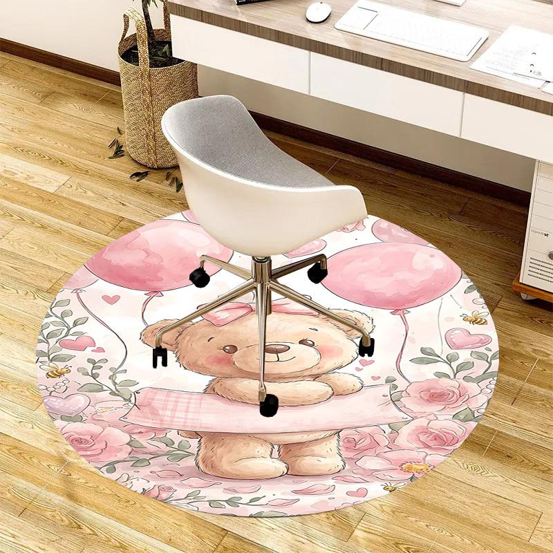 1PC Teddy Bear Pink Non-Slip Floor Round Carpet, Office, Family, Bedroom, Large Area Rug Indoor Rugs,  Durable Polyester-L0418