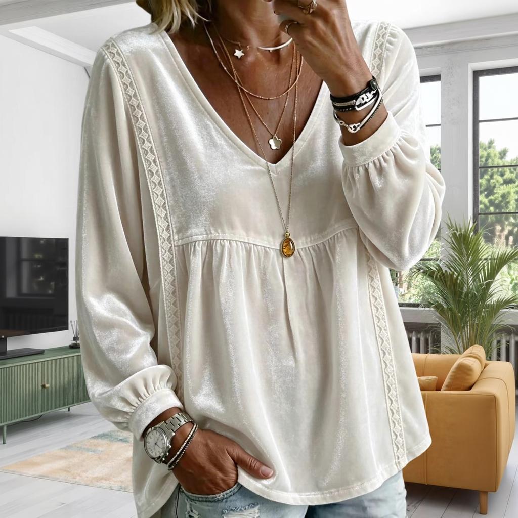 Women's V-Neck Lace Long Sleeve Blouse - Color Loose Fit Top for Everyday Wear