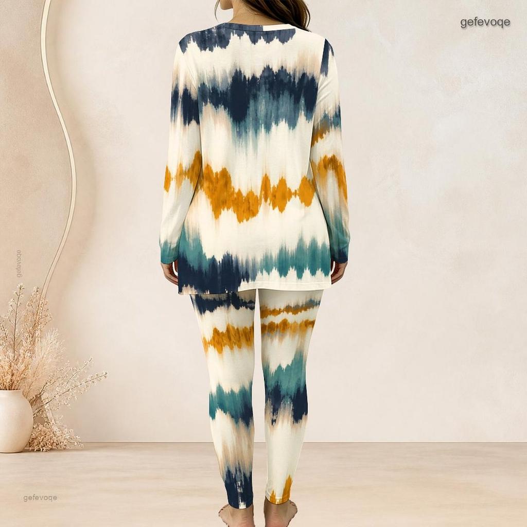 Women Plus Size Printed Two Piece Set Round Neck Long Sleeve Side Slit Long Top Fitted Pants