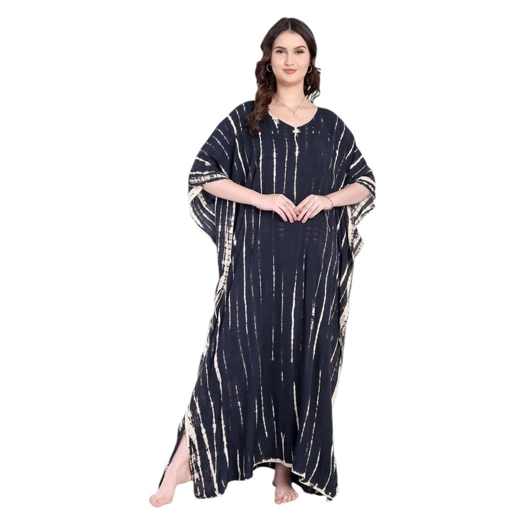 Viscose Kaftan Maxi Dress Hand-Dyed Boho Beach Cover Up for Women Loose Fit Longline Resort Wear V-Neck Pack of 1 Navy Ivory One Size Comfort