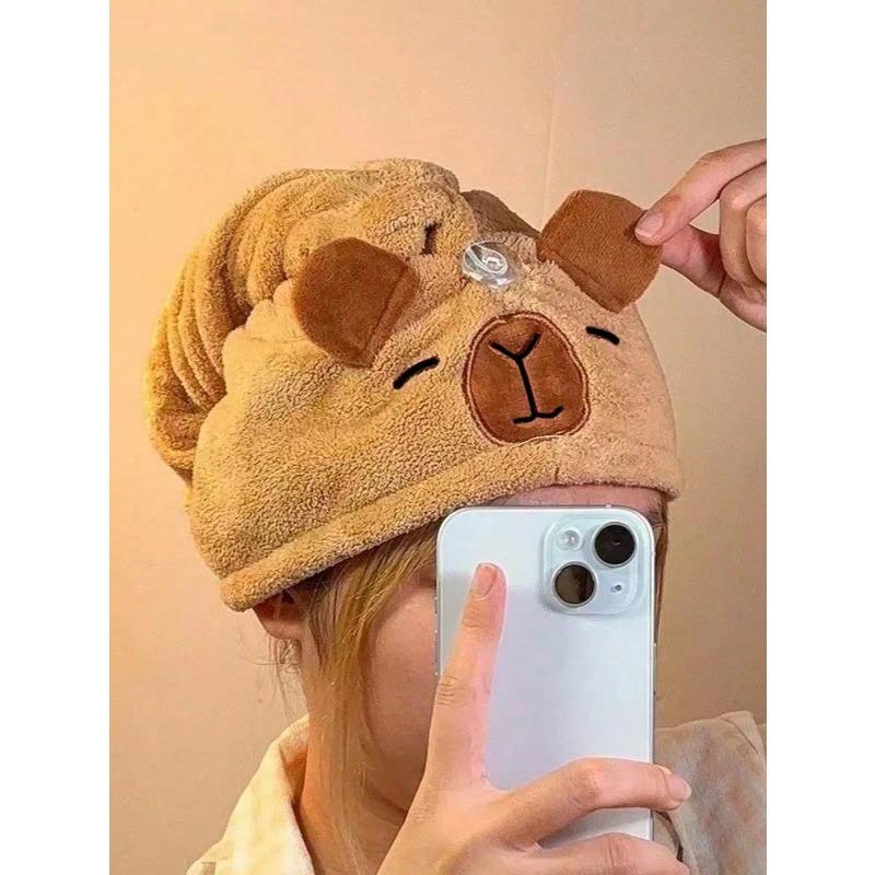 Cute Cartoon Capybara Plush Dry Hair Cap Good Absorbent Quick Dry Coral Velvet Shower Cap For Women Kawaii Hair Towel Home Bathroom Decor