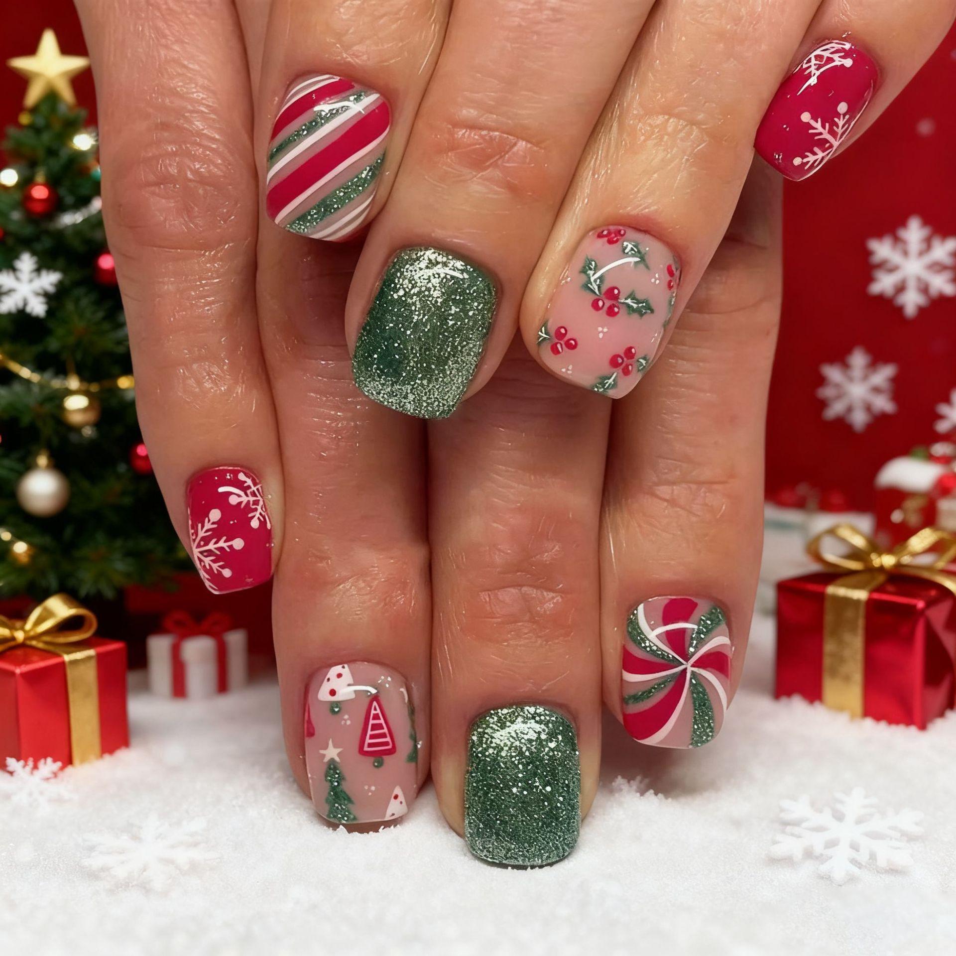 

Christmas Nail Art Wear Nail Art Sweet Color Striped Glitter Snowflake Leaf Short Nail Art Wear Free jelly glue + rubbing strips