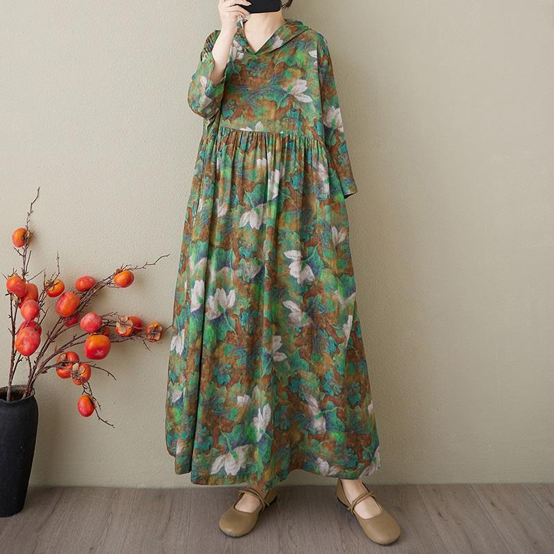 

Большие размеры Хлопок с капюшоном винтажный цветочный новый в платьях для женщин повседневное свободное длинное весенне-летнее платье