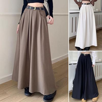 Women Skirt Elegant Flared A-Line Midi Skirt with Pockets Fashionable Solid Color Lady Skirt for Autumn
