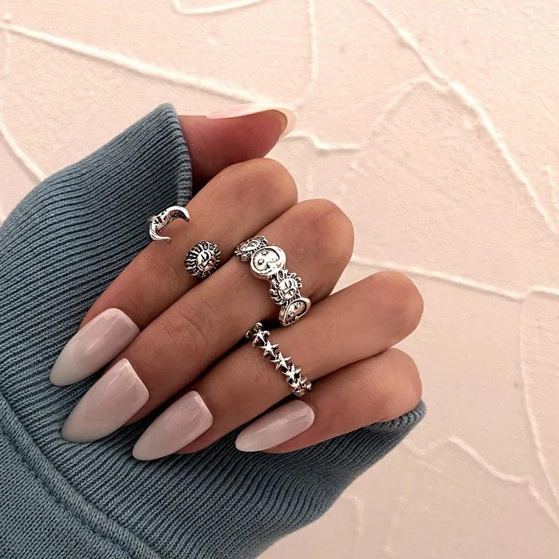 3Pcs Vintage Punk Moon Stars Rings for Women Retro Silver Color Geometric Sun Opening Knuckle Unisex Trendy Finger Ring Jewelry