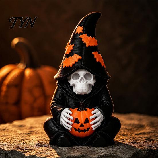 Collector Halloween Items Skeleton Wizard Figurine, 3D Printed Gothic Statue with Figurine Pumpkin& Bat Hat, Bookshelf And Tabletop Indoor Outdoor