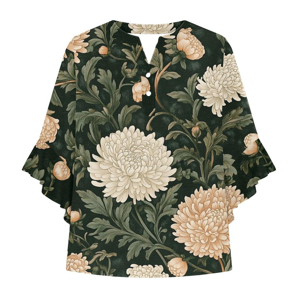 Letnie damskie topy z dekoltem w serek i rękawem trzy czwarte, koszule w stylu vintage z kwiatowym nadrukiem, codzienne koszule