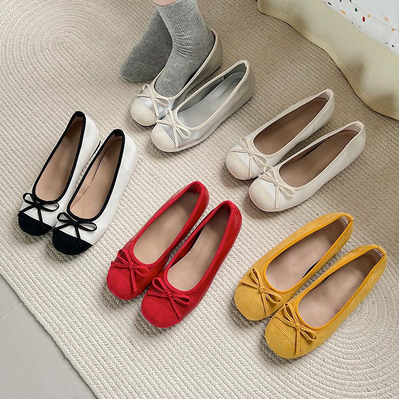 Damen Rundschuh Schleife Mädchen Ballerinas 2025 Frühling Rot Ballerina Flats Damen Bequeme Slipper Höhenerhöhung Freizeitschuhe