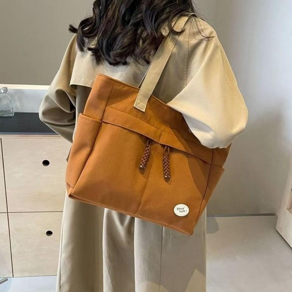 Portable Solid Color Canvas Tote Bag Japanese Style Multi Pocket Simple Handbag Large Capacity Shoulder Bag Ladies