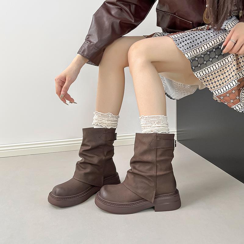Korean British Style Platform Martin Boots Women's 2025 Autumn and Winter New Stacking Boots Round Head Thick Heel Trouser Tube Boots Short