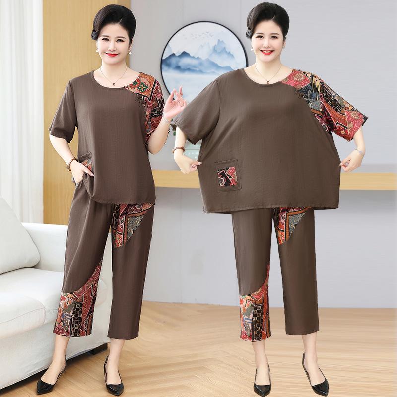 

Модний комплект з двох частин з бавовни та льону великого розміру для жінок - з короткими рукавами, підходить для людей середнього та літнього віку - літній одяг 6XL колір темно кави