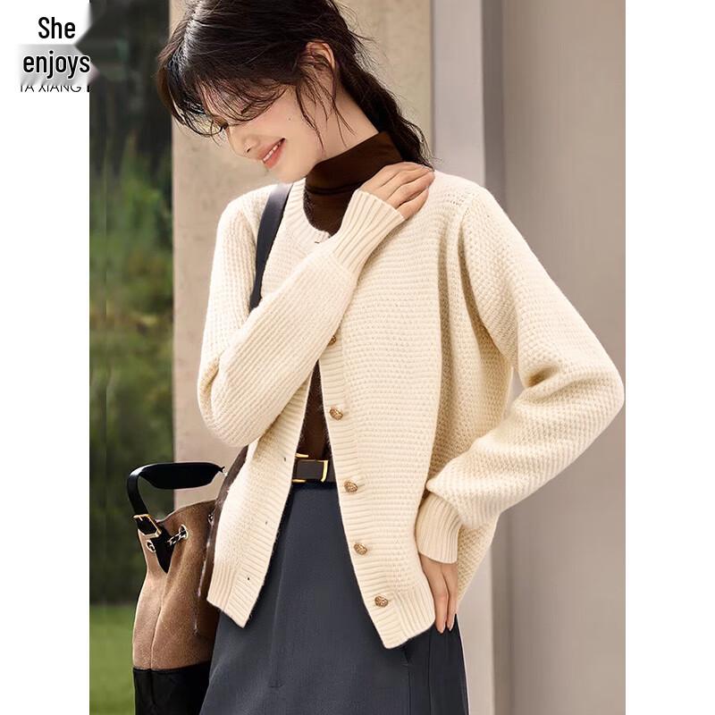Women s Solid Color Round Neck Knitted Cardigan Sweater M