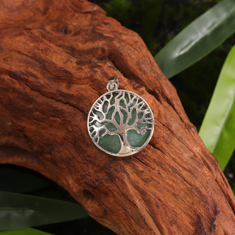 Cross Hollow Life Tree Pendant: Natural Crystal Agate Money Tree Necklace, Natural Stone Round Wishing Tree Pendant.