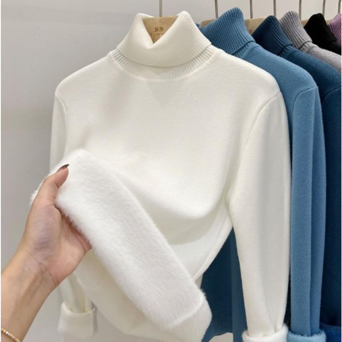 

Свитер с высоким воротником для женщин, облегающий и стройнящий топ для осени и зимы, черная вязаная базовая рубашка со стильным видом XL слоновая кость