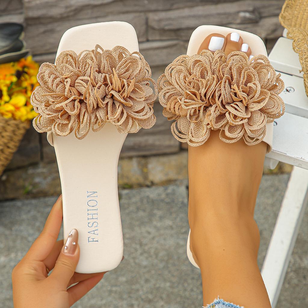 Designer Hausschuhe Damen Flache Sandalen Mode Blumen Dekoration Damen Hausschuhe Sommer Offene Zehen Lässige Gehen Flache Hausschuhe