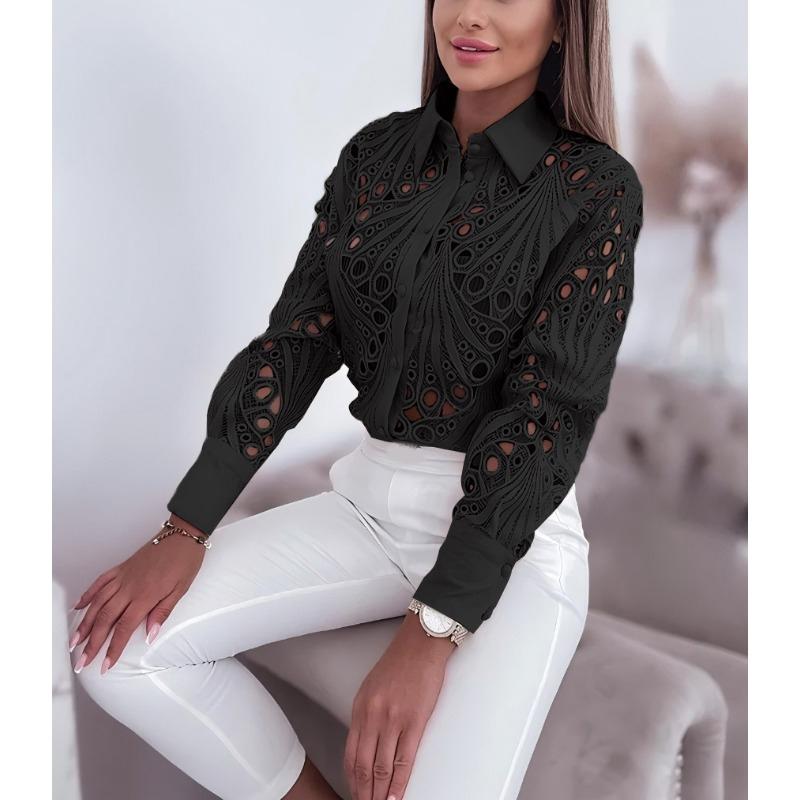 Fashion Lace Hollow Out Long Sleeve Office Shirt Women Spring and Autumn Loose Casual Versatile Commuter Blouse Lapel Simple Solid Color Clothing