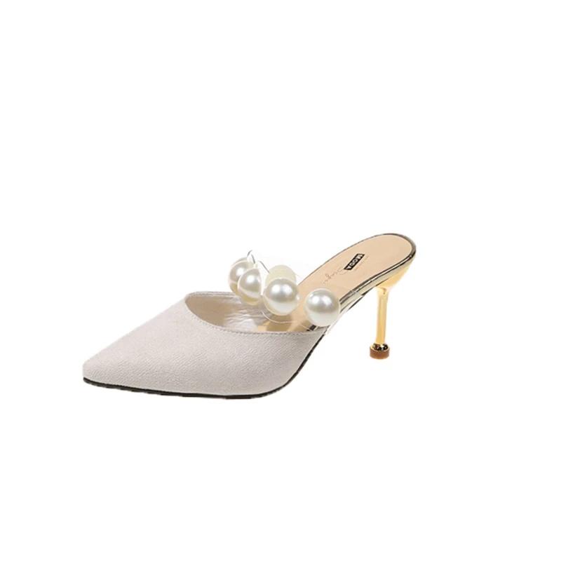 Fashion 2024 New  Pearl Black Sandals Women Summer Slippers Woman Thin Heels Womens Outdoor High Heels Pointed Toe  Woman Mules