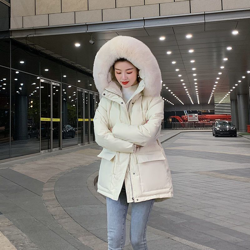 Women Padded Coat Faux Fur Collar Hooded Parkas Korean Big Size Cotton Jaqueta Waist Drawstring Midi Lenght Jackets