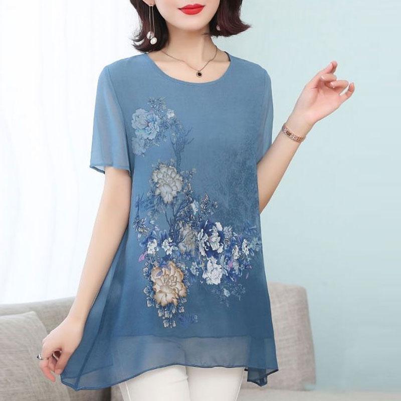 Summer Floral Printed Chiffon Shirt Short Sleeve Female Clothing Loose Stylish Asymmetrical Commute O-Neck Spliced Midi Blouse