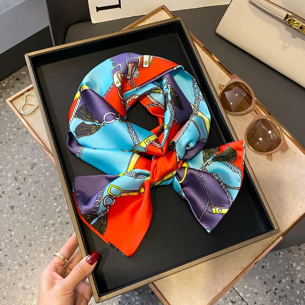 Long small silk scarf spring and summer new with shirt streamer multi-functional belt hair tie high-end printed scarf