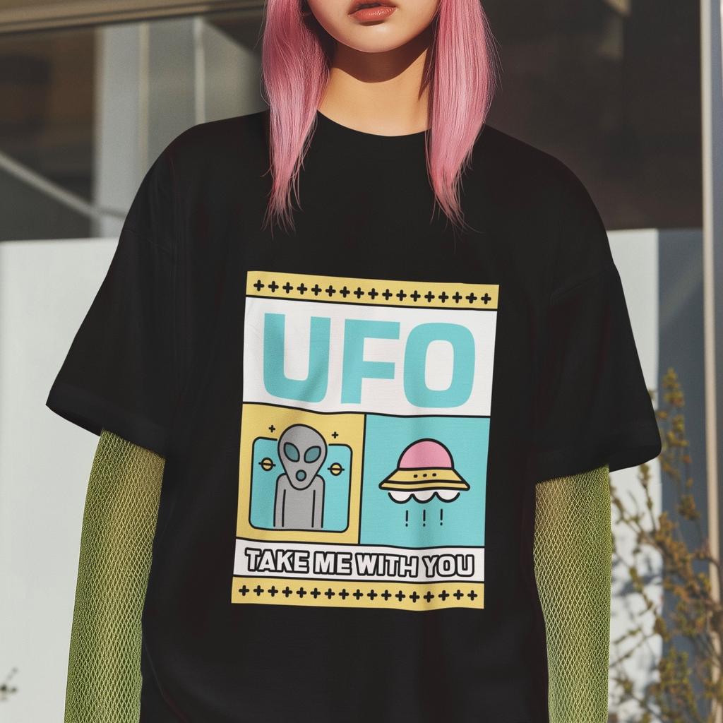 UFO Nimm mich mit T-Shirt Lustiges Alien Grafik T-Shirt Retro Weltraum Geschenk Unisex Top