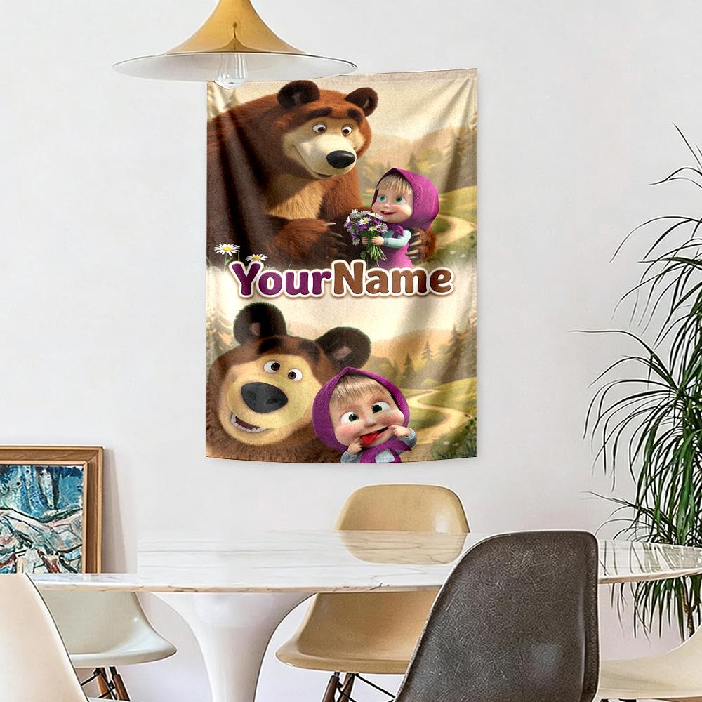 Masha Bear Custom Your Name Wall Decor Tapestry Art For Pet Memorial Birthdaywedding Party Backdrop Family Gift