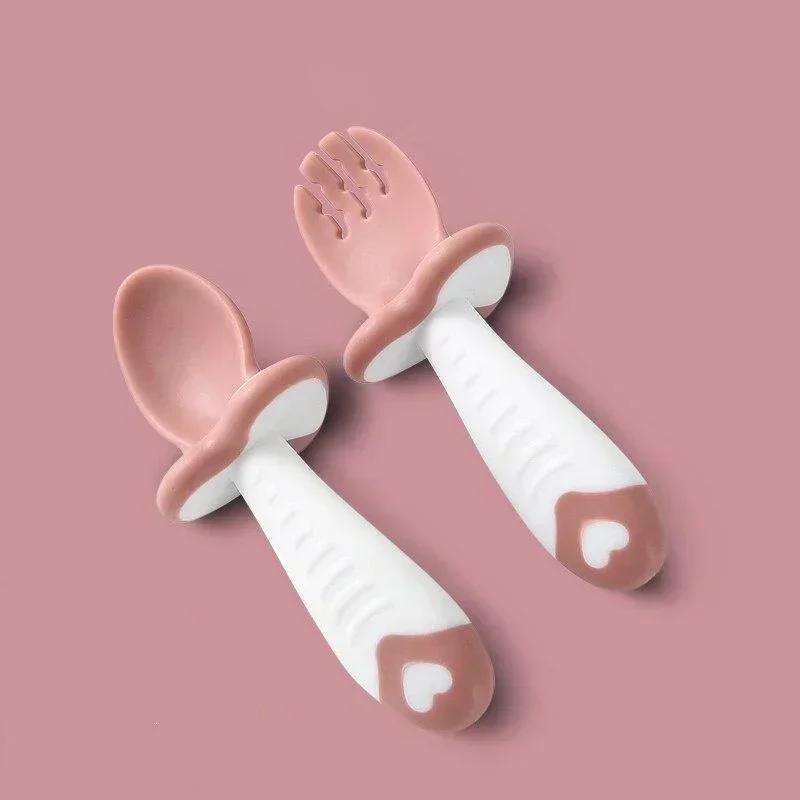 1 Set Baby Spoon Fork Silicone Children's Tableware Set Feeding Baby Tableware Learning Spoon Set Short Simple Spoon
