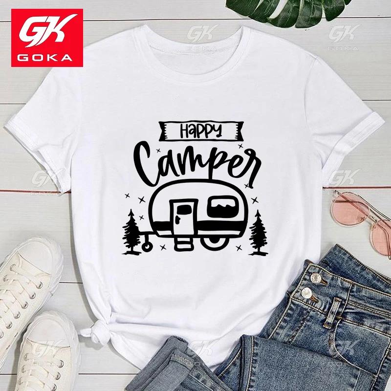 Premium Cotton T Shirt Fashion New Happy Camper T Shirts Women Cartoon Short Sleeve Streetwear Clothes Casual Tops Unisex Tees S