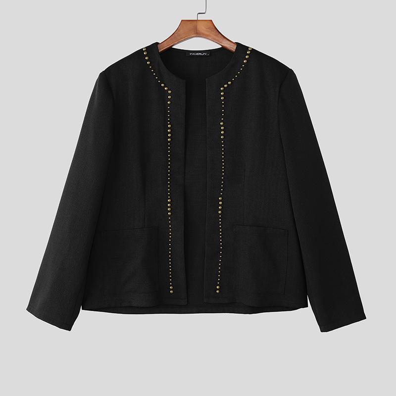 

INCERUN Men Long Sleeve Beading Open Front Casual Thin Coat Jackets S чорний