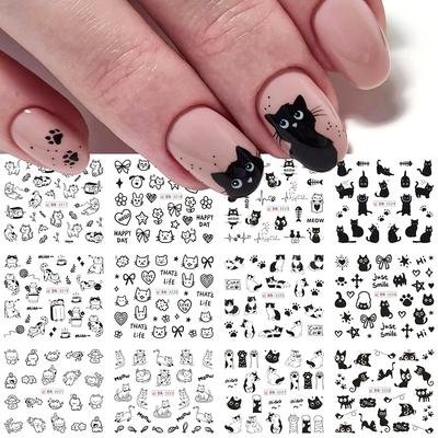12 Designs Black Cat Nail Water Stickers Cute Kawaii Cartoon Nail Art Decals Watermark Transfer Sliders Manicure Decorations
