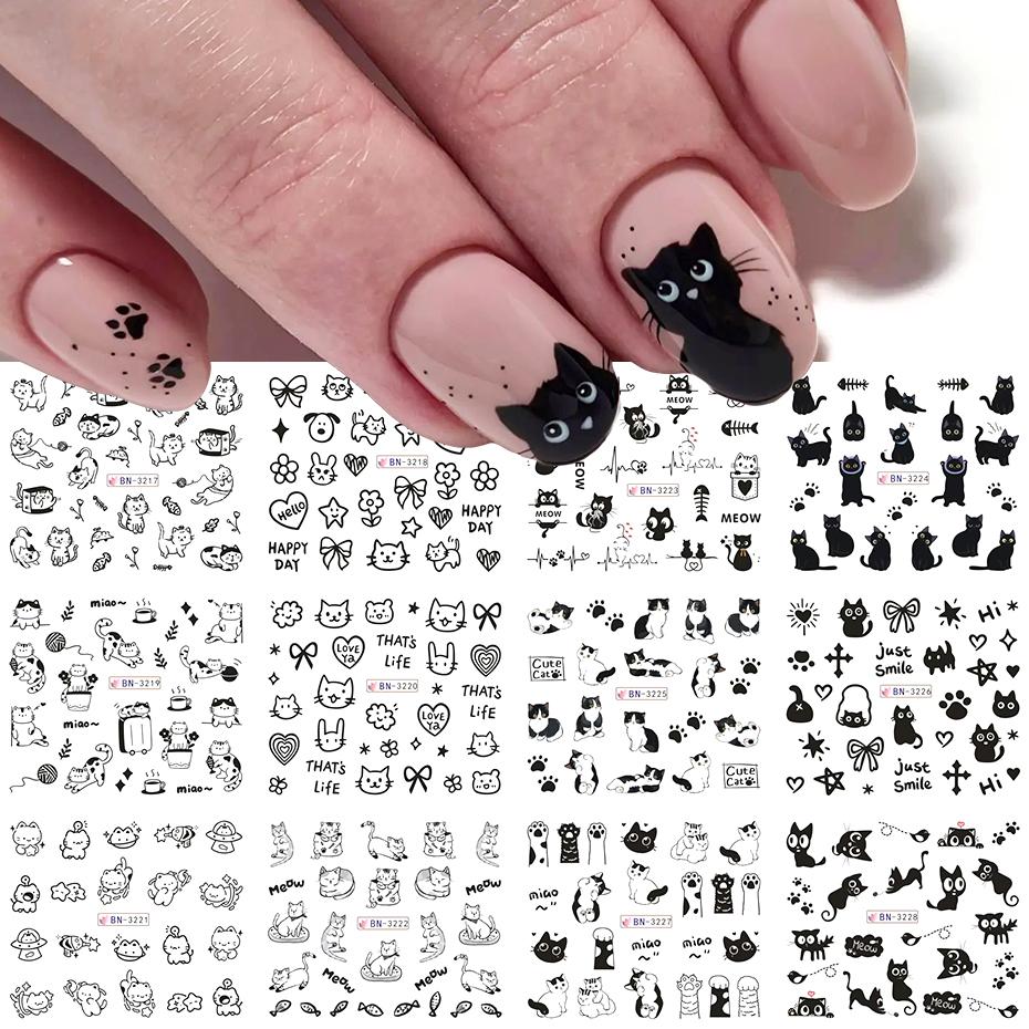 12 Designs Schwarze Katze Nagel Wasser Aufkleber Niedliche Kawaii Cartoon Nagelkunst Abziehbilder Wasserzeichen Transfer Slider Maniküre Dekorationen