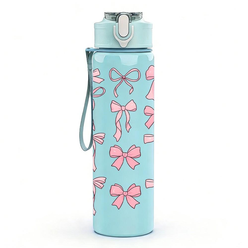 1PC Pink Bow Knot Stacked Decor Pattern Print 750ml Color Plastic Sports Water Bottle Leakproof Flip Straw Lid Suitable for Sports Office Home Use