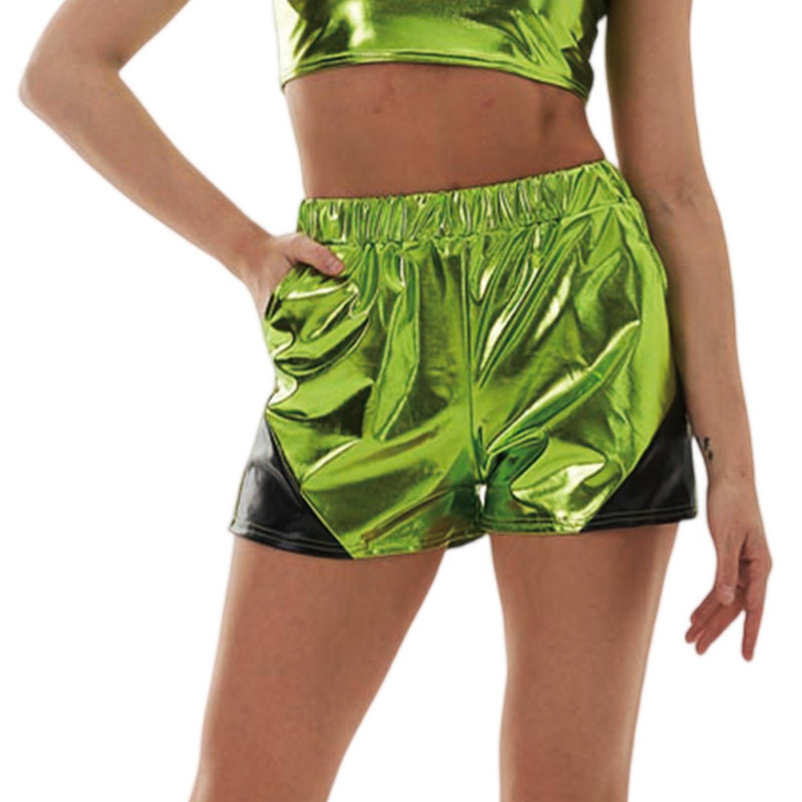 

Women s Fashion Loose Color Block Faux Leather Shorts With Pockets And Elastic Waist XL