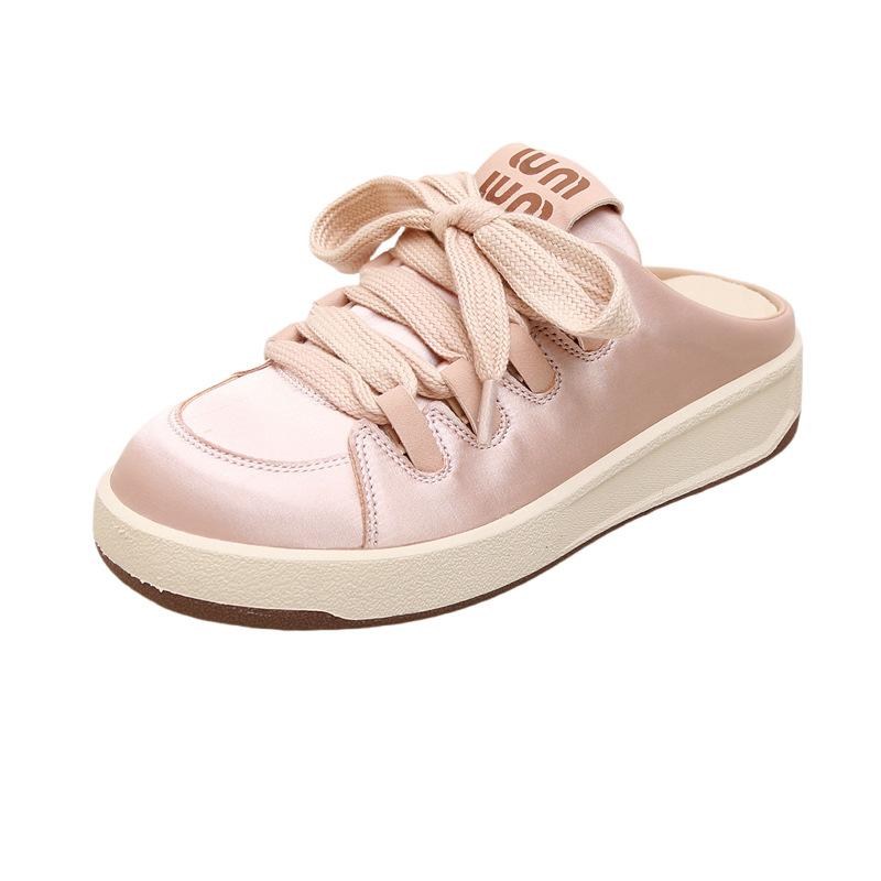 Spring and summer new satin bag head slippers wear versatile sports and leisure board shoes to increase the height of thick soles and pedal white