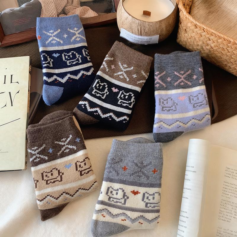 Women's Fair Isle Pixel Cat Mid-Calf Loop Pile Socks - Warm, Thickened Autumn/Winter Sleep Socks.