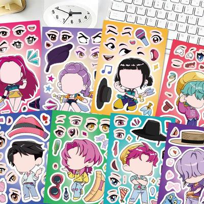 Cartoon Demon Hunter Team Face Swap Collage Stickers - 8 Sheets, Non-repeating DIY Journal Stickers for Kids