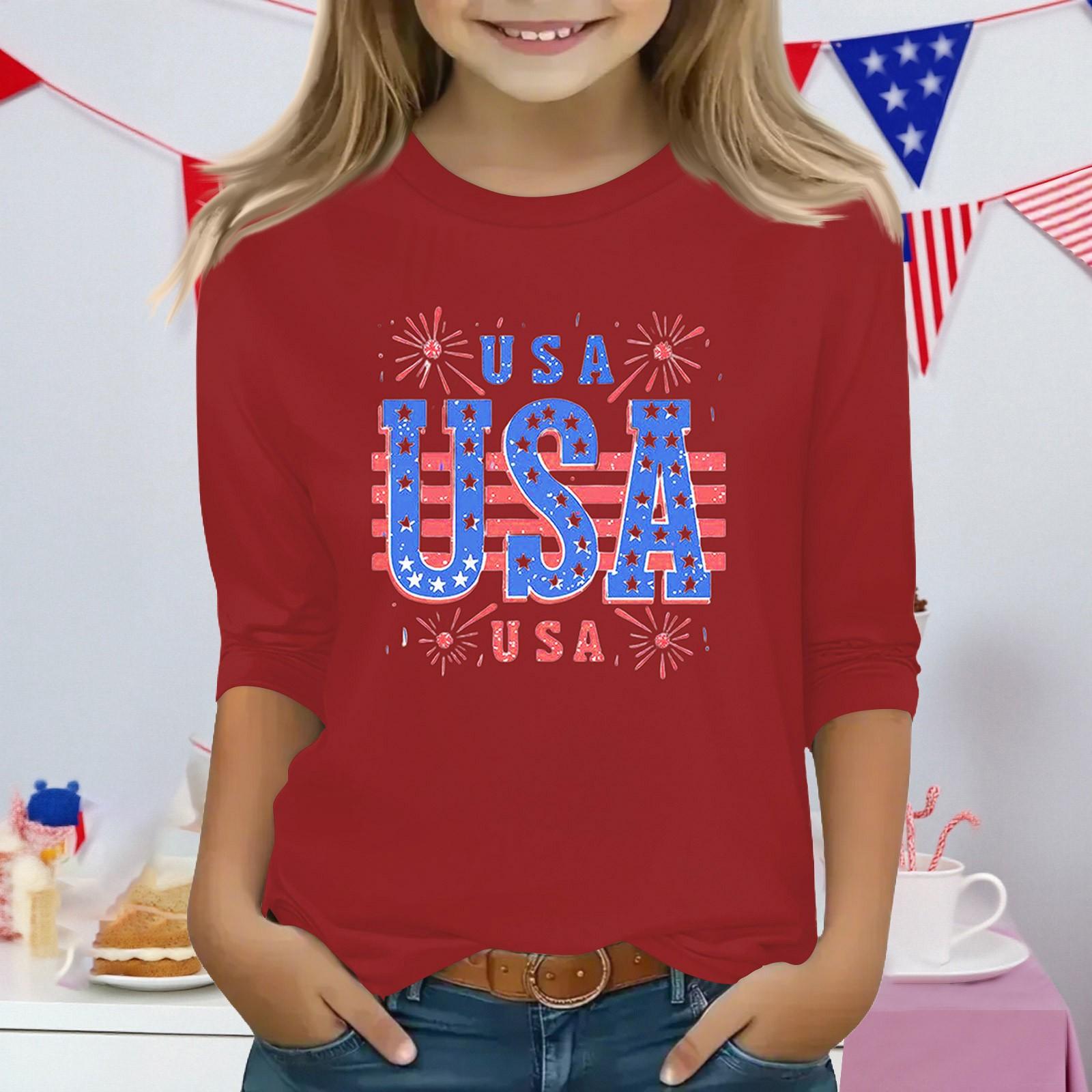 

Print Tops For Youth Girls 3-10 Years Round Neck 3/4 Sleeves T-Shirts Trendy Tops Outfit Tees 160 арбуз красный