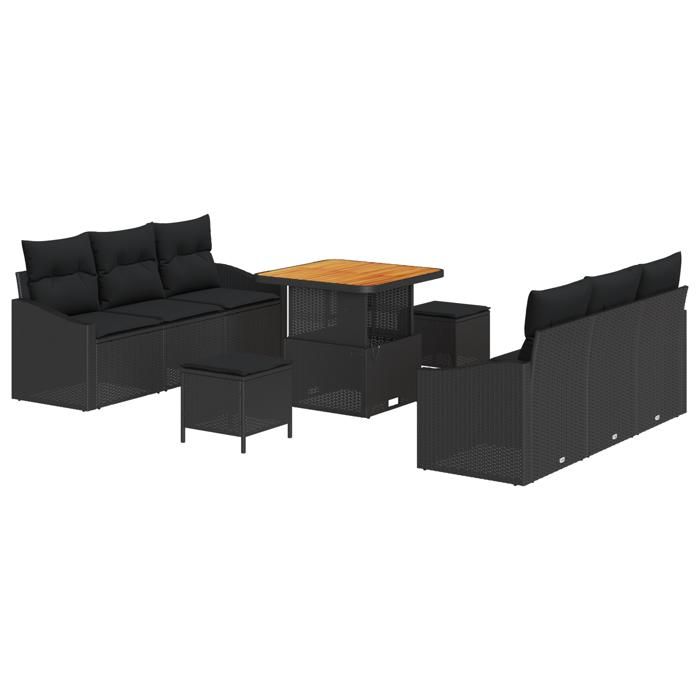 Ensemble de Canapés de Jardin 9 pièces avec Coussins Noir Rattan Poly Acacia, Canapé de Jardin 2 places avec Coussins Noir 3362604