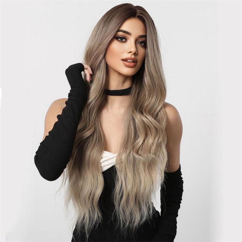 & Fluffy Brown Lazy Hair Natural Medium Gradient Wig Wigs Long Curly Wig Full-Head