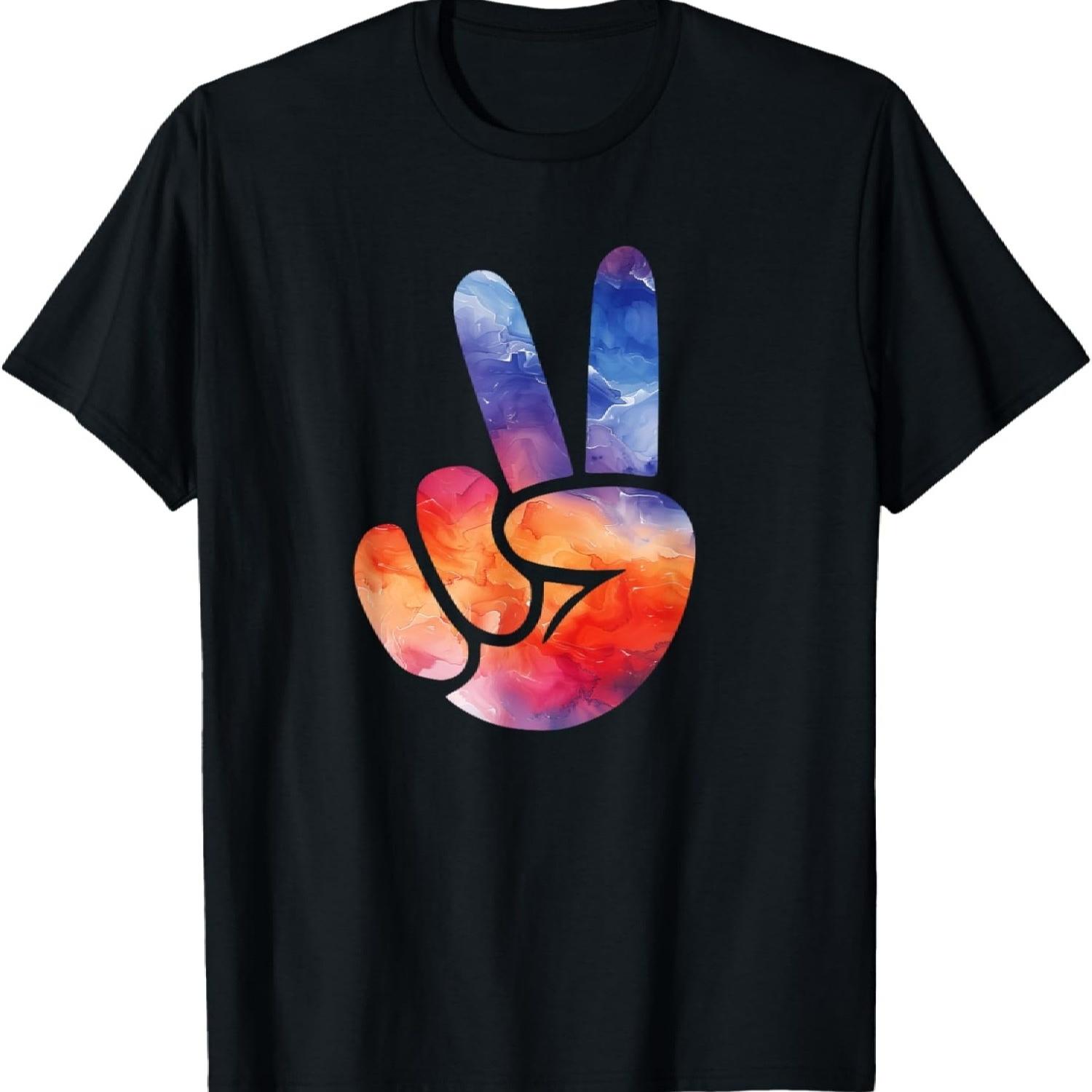 Цветная Силуэтная Цветная Арт Акварель Знак Мира Рука Футболка(37) S чёрный