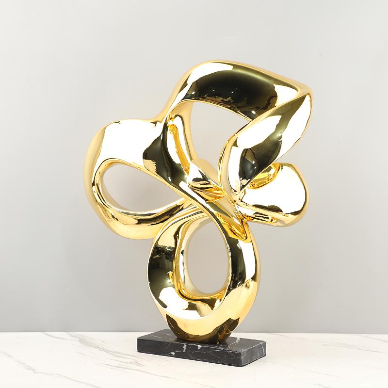 Creative Geometric Sculpture Abstract Electroplated Resin Decorative Ornaments Golden Hollowed-out Ribbon Home Decoration