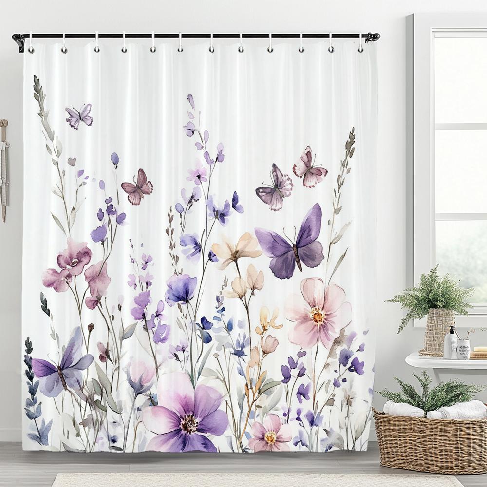 1pc Plant Purple Floral Shower Curtain, Bathroom Decorative Shower Curtain, Printed Polyester Fabric Shower Curtain with Hooks