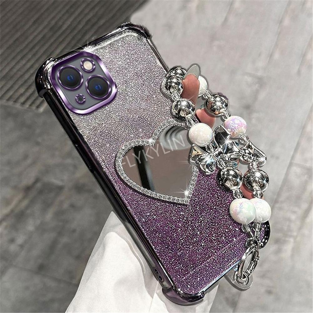 Bead Bracelet Shockproof Phone Case For Samsung S25 S24 S23 S22 S21 S20 FE Note 20 Ultra Plus Glitter Heart Mirror Silicon Cover