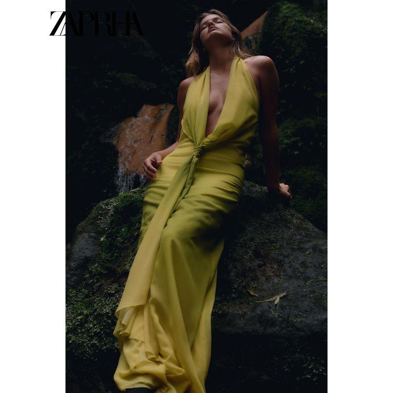 Zaprha 2025 Summer New Trendy Fashion Backless Print Knot Hanging Collar Length Dress 8030363