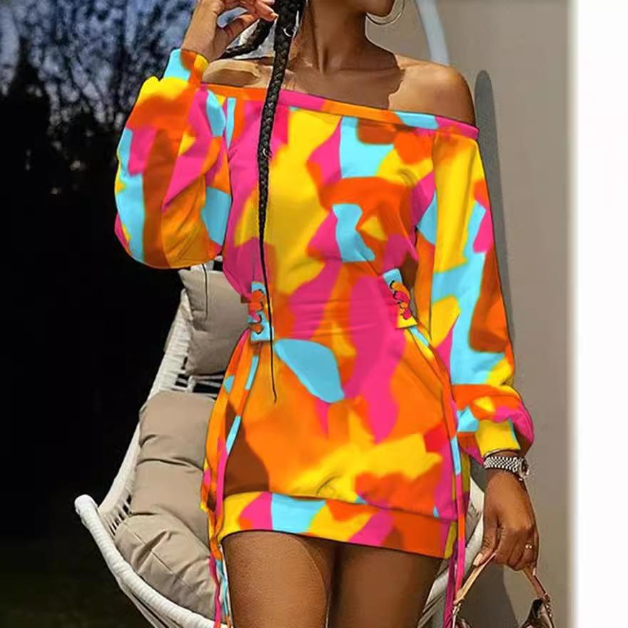 Spring and Autumn Round Neck Tie-dye Print Long-sleeved Loose Dress Waist Drawstring Adjustable S