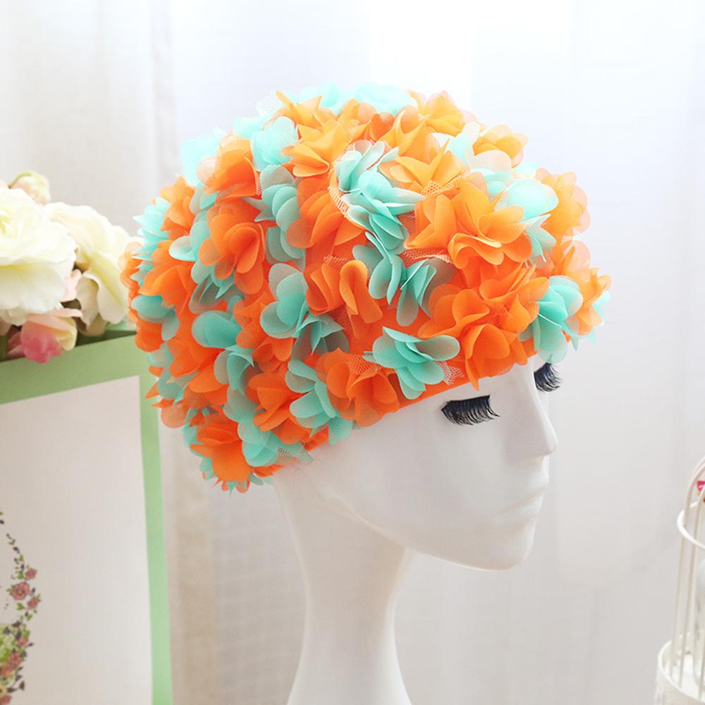 Damen 3D Blumen Design Badekappe Wasserdicht Elastisch Weich Bade Duschhaube für Damen Tauchen Schwimmen Strandkappe Badezimmerzubehör