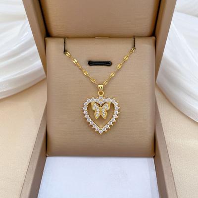 Love Butterfly Full Diamond Light Luxury Temperament Gorgeous Full Diamond Necklace Female Versatile Collarbone Chain Titanium Steel Chain