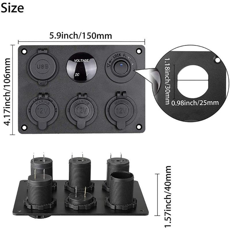 LED Rocker Switch Panel with Digital Voltmeter Dual USB Port 12V Outlet Combination Waterproof On Off Car Marine 6 in 1