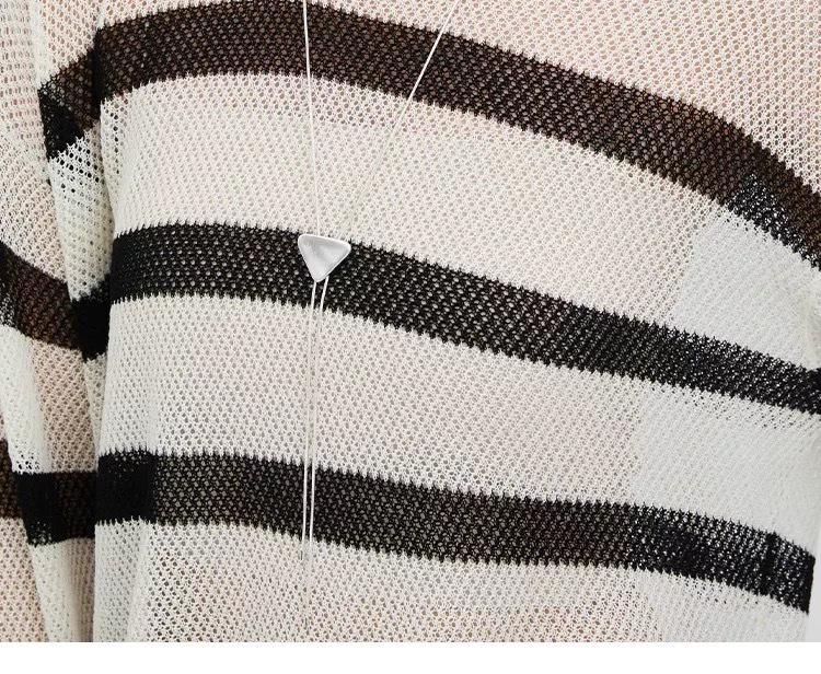 Women's Summer Striped Linen Knitwear: Openwork Long Sleeve Loose T-shirt Cardigan