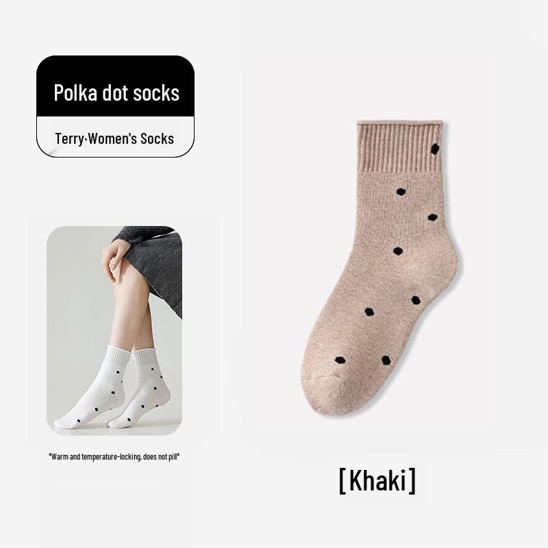 Gray Women's Mid-Calf Socks - Autumn/Winter Pure Cotton with Japanese Ruffle Edge & Polka Dots